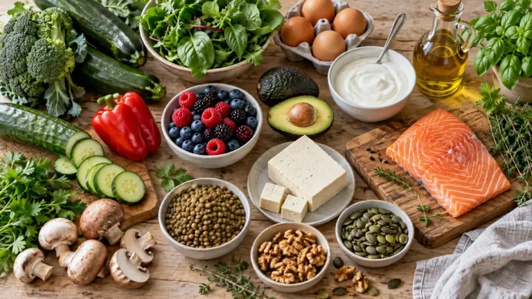 Low-Carb-Lebensmittel mit Gemüse, Beeren, Eiern, Tofu, Lachs, Nüssen und Samen