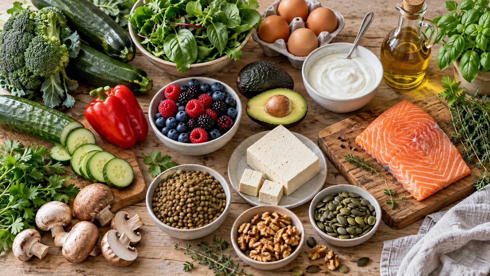 Gemüse, Beeren, Eier, Tofu und weitere Lebensmittel für abwechslungsreiche Mahlzeiten