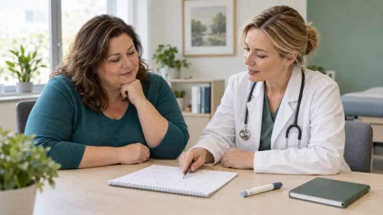Ärztin und Patientin besprechen die Behandlungsdauer der Abnehmspritze anhand eines Kalenders