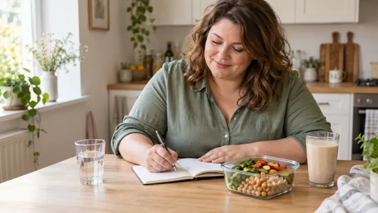 Frau plant Mahlzeiten mit Notizbuch, Lunchbox und Shake als praktische Diäthelfer.