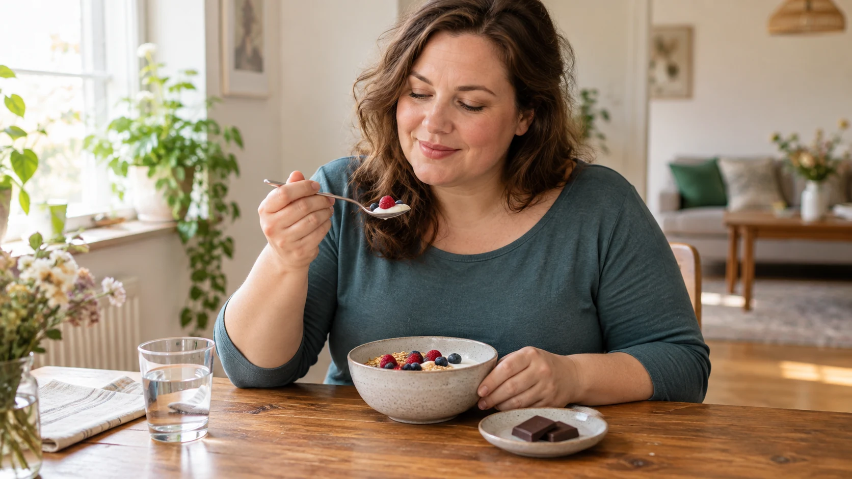 Frau genießt Joghurt mit Beeren am Esstisch; daneben stehen Wasser und ein Teller mit Schokolade.
