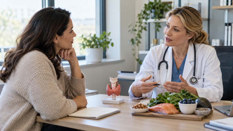 Ärztin berät eine Patientin zu Schilddrüse und Ernährung