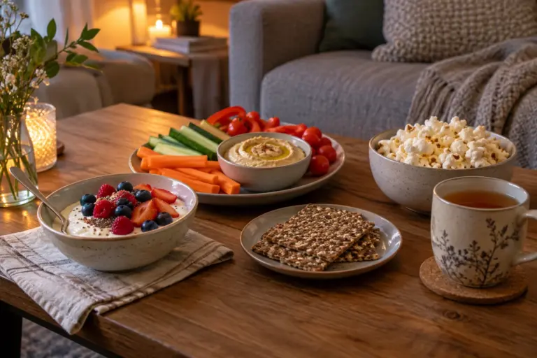 Joghurt mit Beeren, Gemüsesticks mit Hummus, Knäckebrot und Popcorn als Abend-Snacks