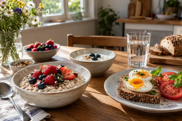 Frühstück mit Haferbrei, Beeren, Joghurt und Vollkornbrot mit Ei und Tomate