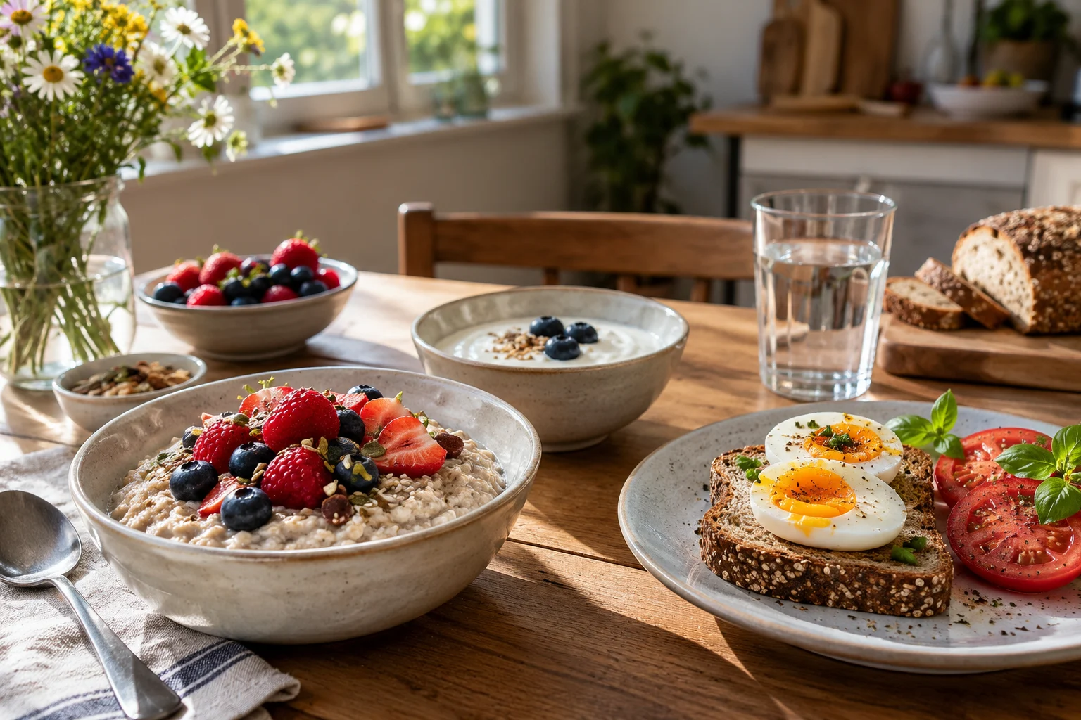 Frühstück mit Haferbrei, Beeren, Joghurt und Vollkornbrot mit Ei und Tomate