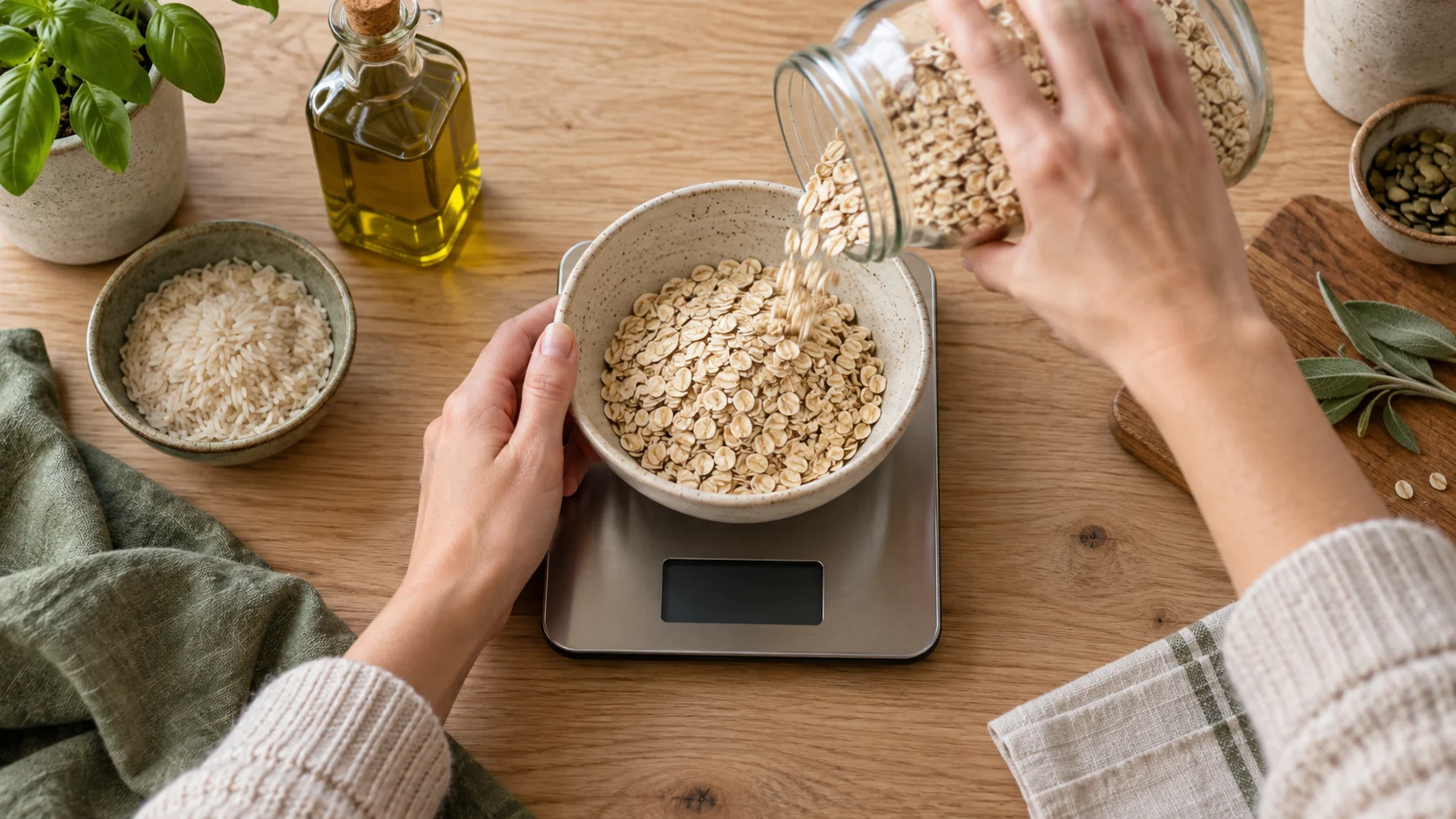 Haferflocken werden für die Portionsberechnung auf einer Küchenwaage abgewogen