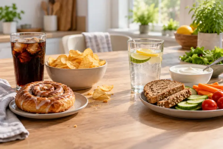 Cola, Chips und Gebäck neben Wasser, Vollkornbrot, Gemüse und Naturjoghurt